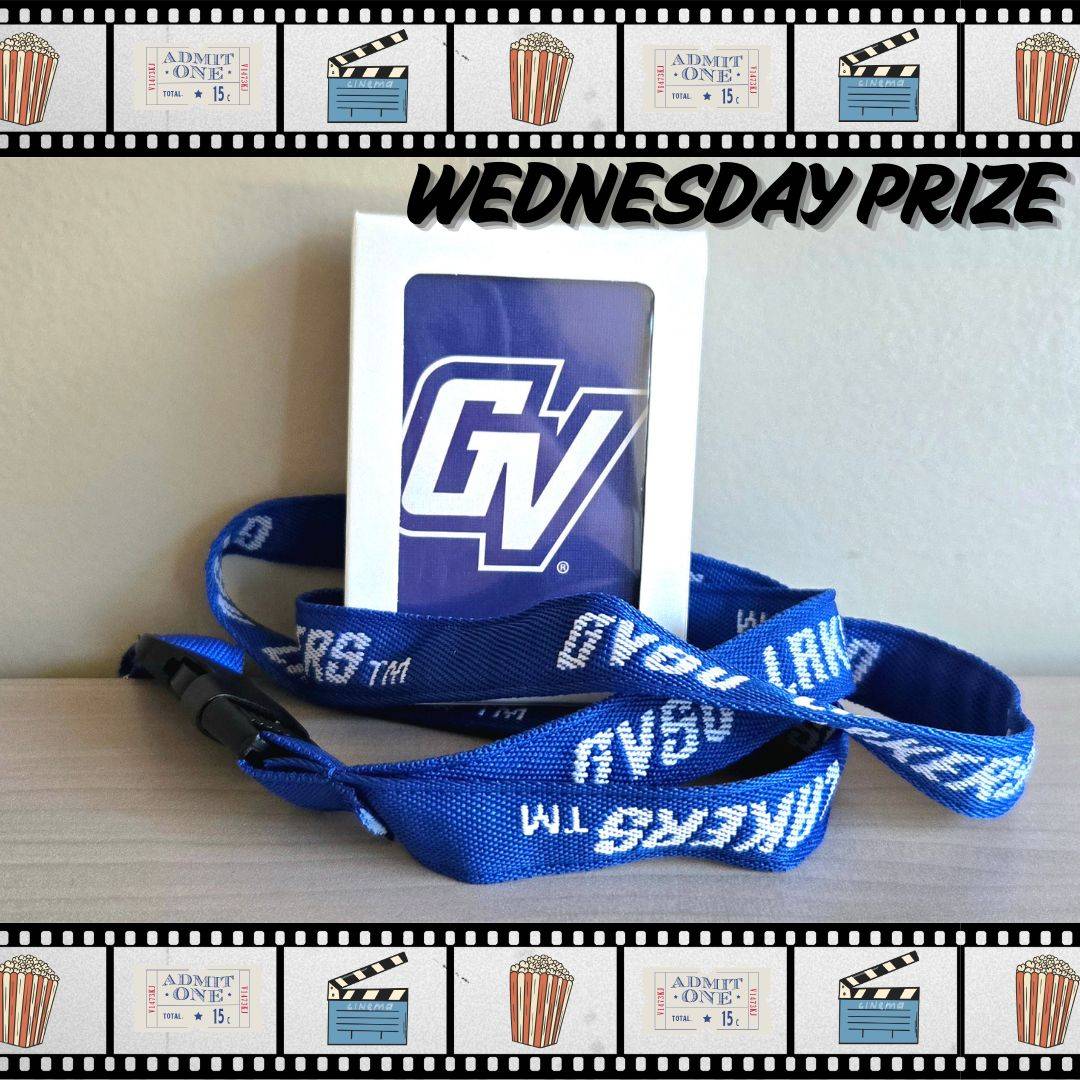 Deck of blue GV cards and a blue lanyard with "GVSU LAKERS" stitched along the fabric